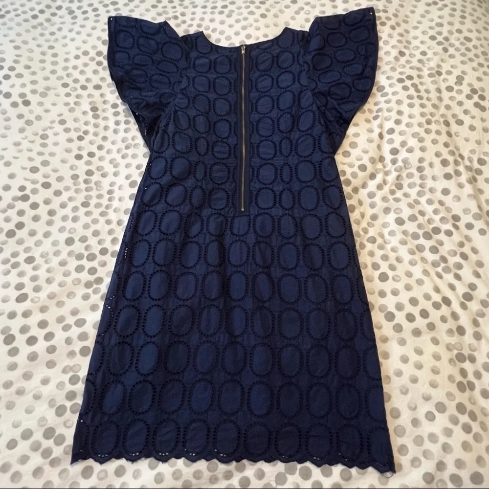 J. Crew Factory Scalloped Eyelet Navy Blue Shift Dress With Flutter Sleeve Sz 2